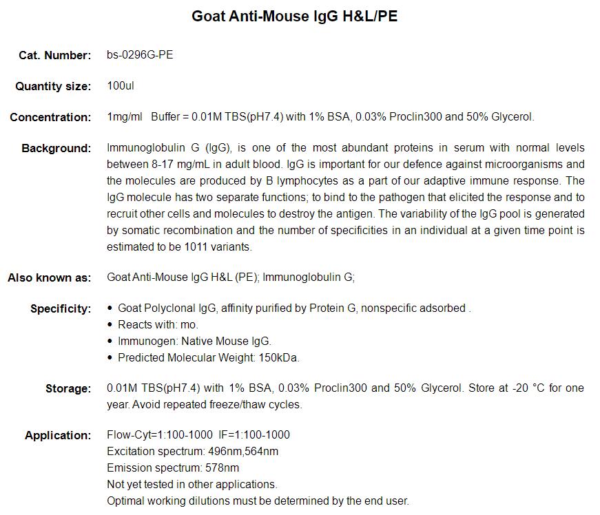 PE标记的羊抗小鼠IgG H&amp;L